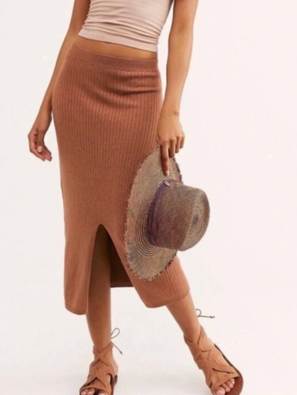 Free People Skyline Ribbed Midi Skirt — Tan/Camel — Front Slit — Rib Knit